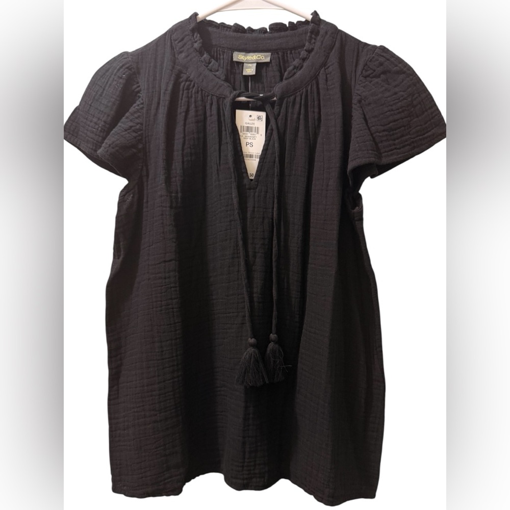 Style & Co, Women’s Black Blouse, 100% Cotton, Size Petite Small, NWT